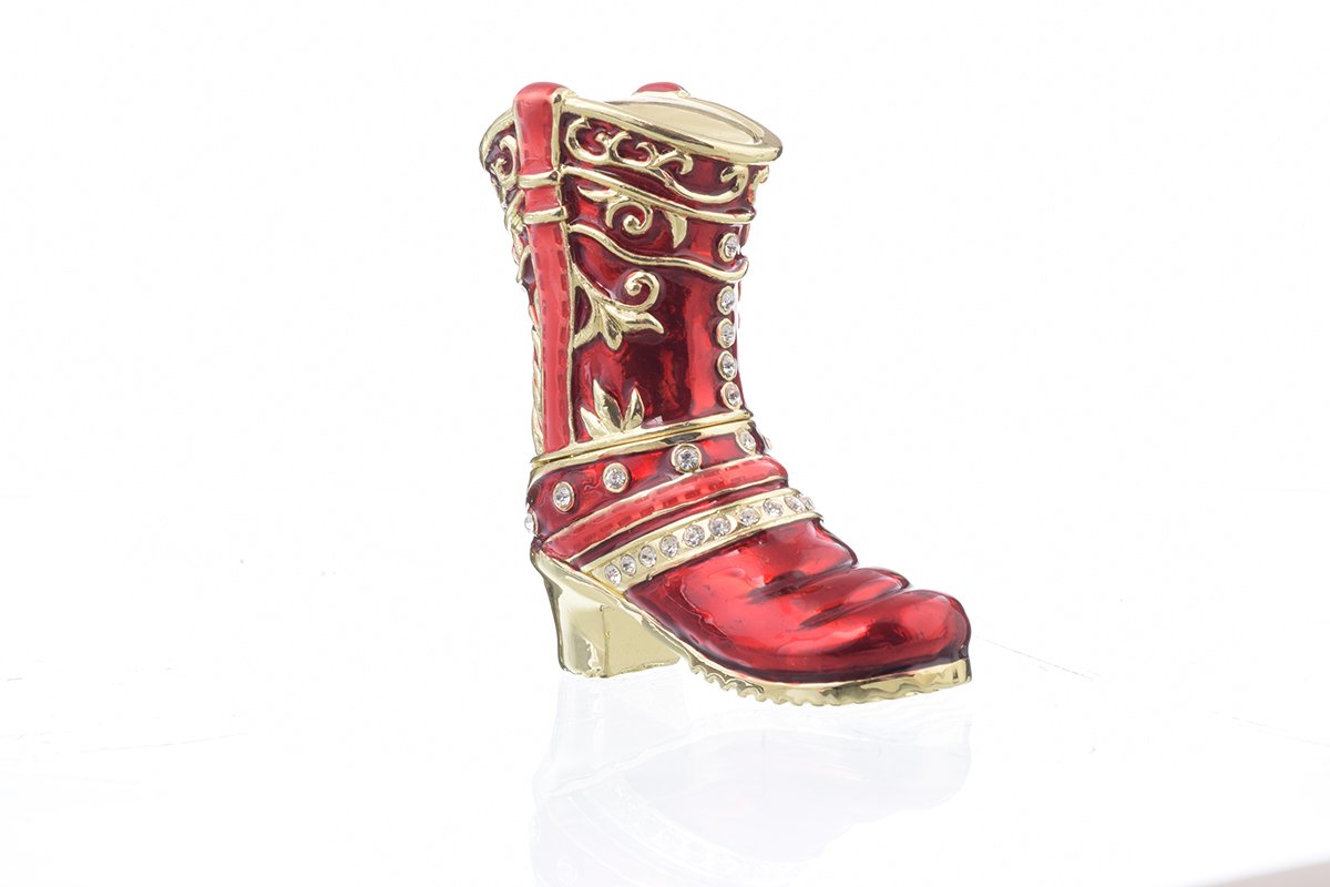 Red Musketeer Shoe trinket box, handmade with enamel paint and adorned with Austrian crystals, featuring 24K gold or 925 silver plating.