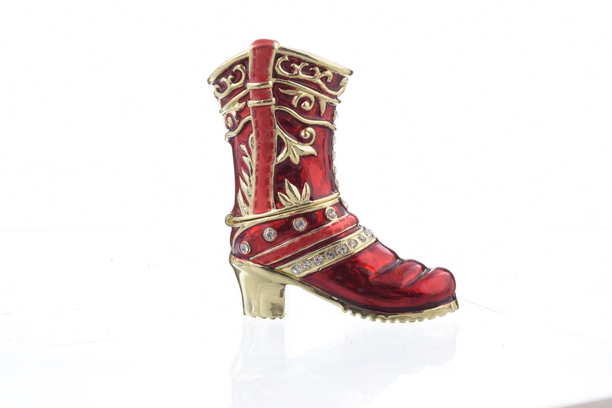 Red Musketeer Shoe trinket box, handmade with enamel paint and adorned with Austrian crystals, featuring 24K gold or 925 silver plating.