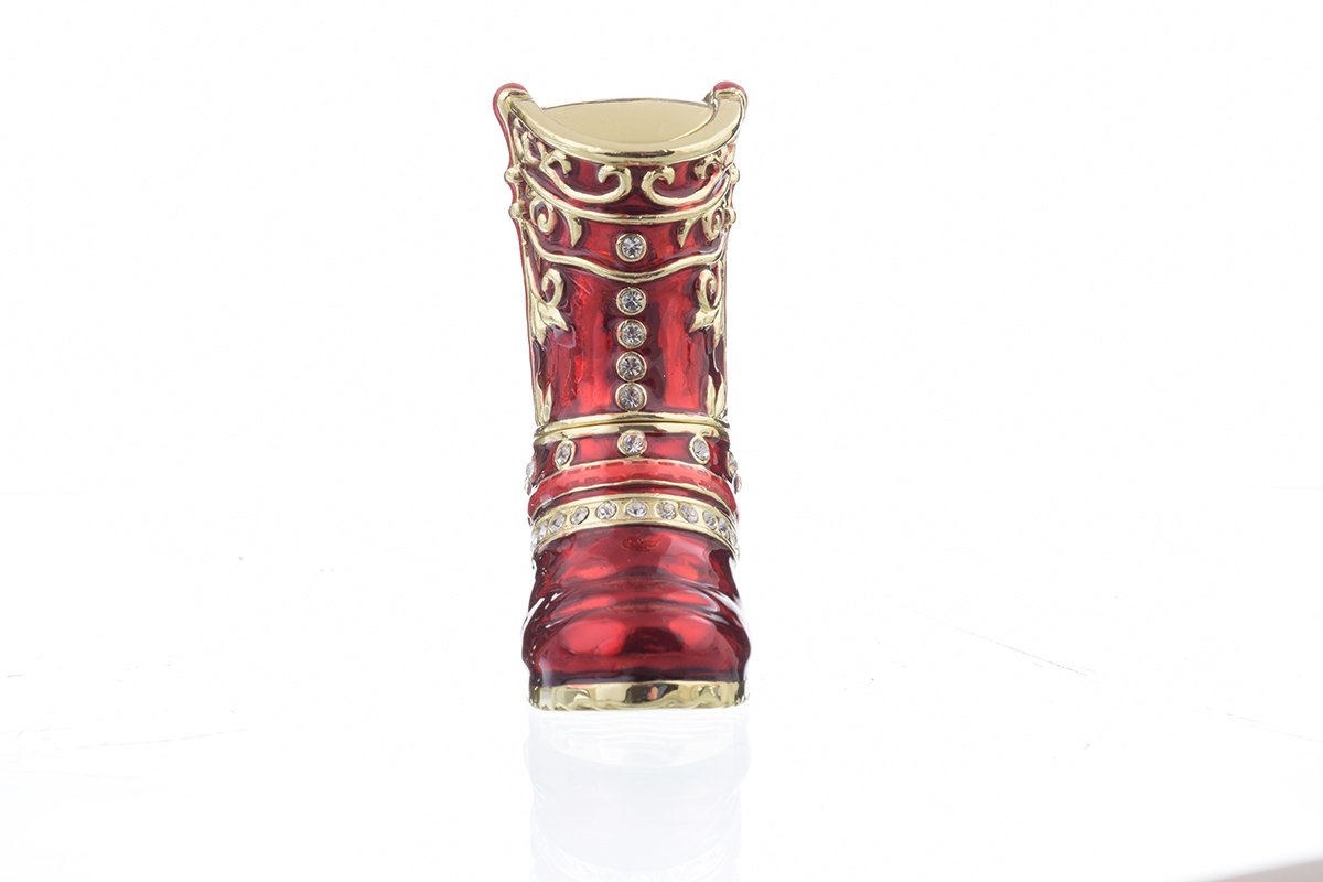 Red Musketeer Shoe trinket box, handmade with enamel paint and adorned with Austrian crystals, featuring 24K gold or 925 silver plating.