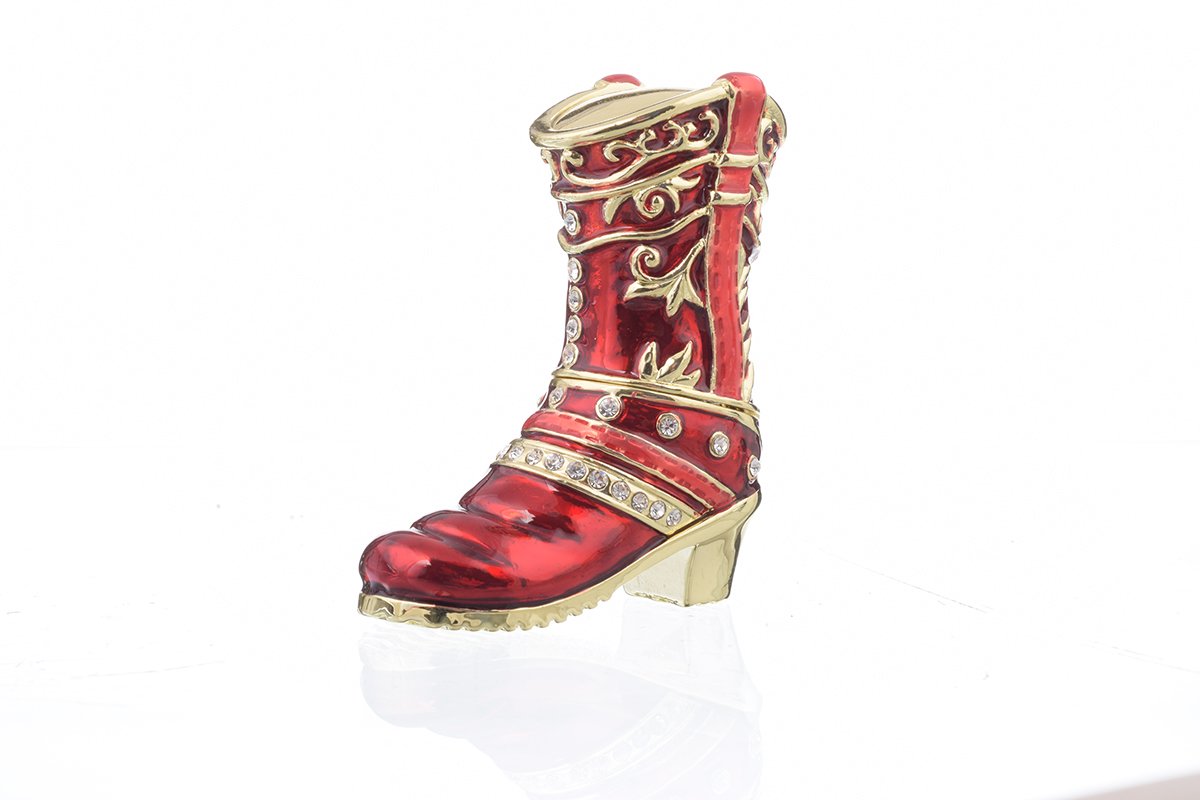 Red Musketeer Shoe trinket box, handmade with enamel paint and adorned with Austrian crystals, featuring 24K gold or 925 silver plating.