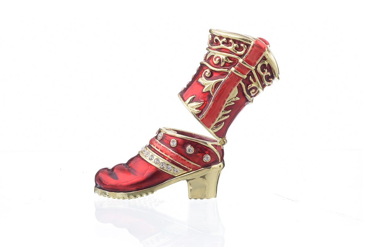 Red Musketeer Shoe trinket box, handmade with enamel paint and adorned with Austrian crystals, featuring 24K gold or 925 silver plating.