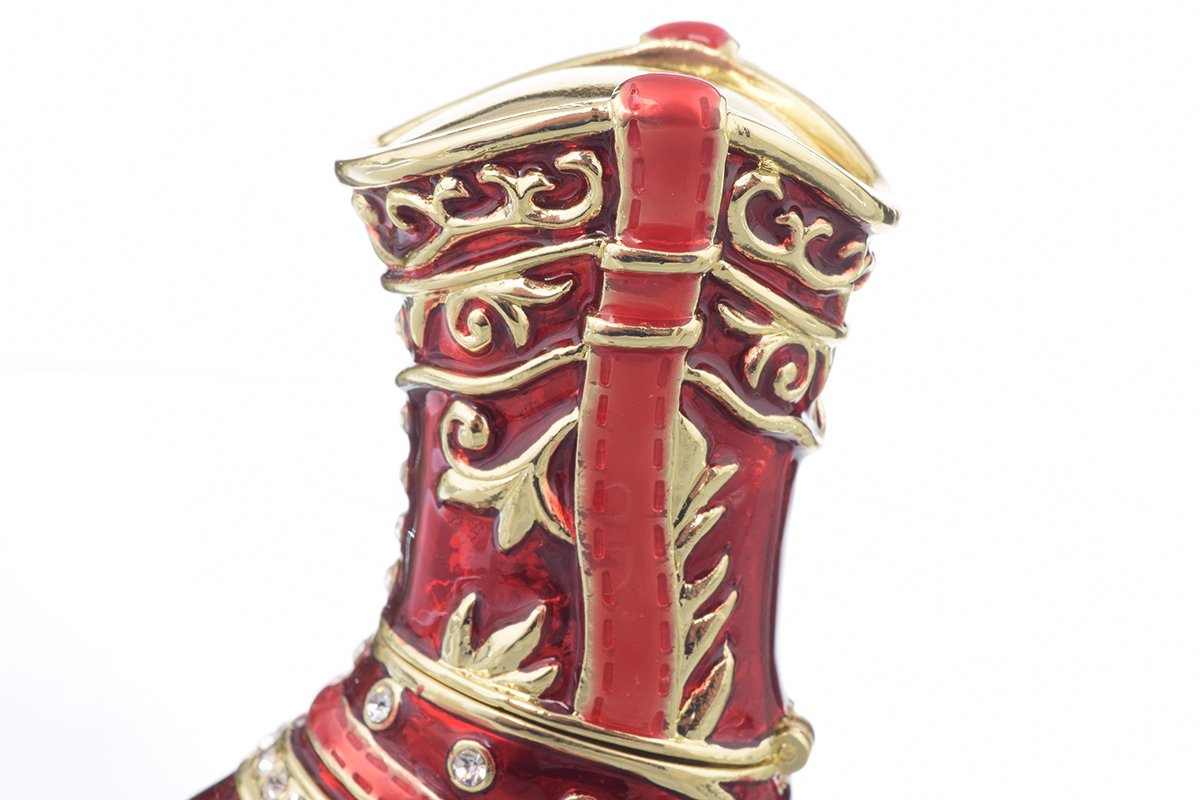 Red Musketeer Shoe trinket box, handmade with enamel paint and adorned with Austrian crystals, featuring 24K gold or 925 silver plating.