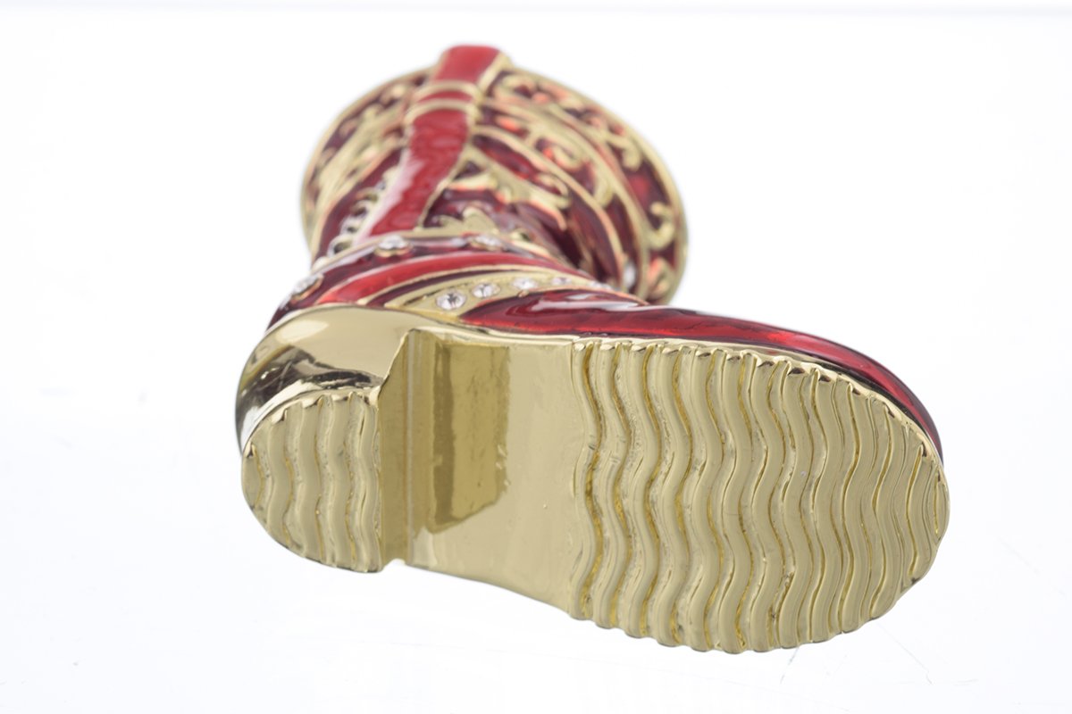 Red Musketeer Shoe trinket box, handmade with enamel paint and adorned with Austrian crystals, featuring 24K gold or 925 silver plating.