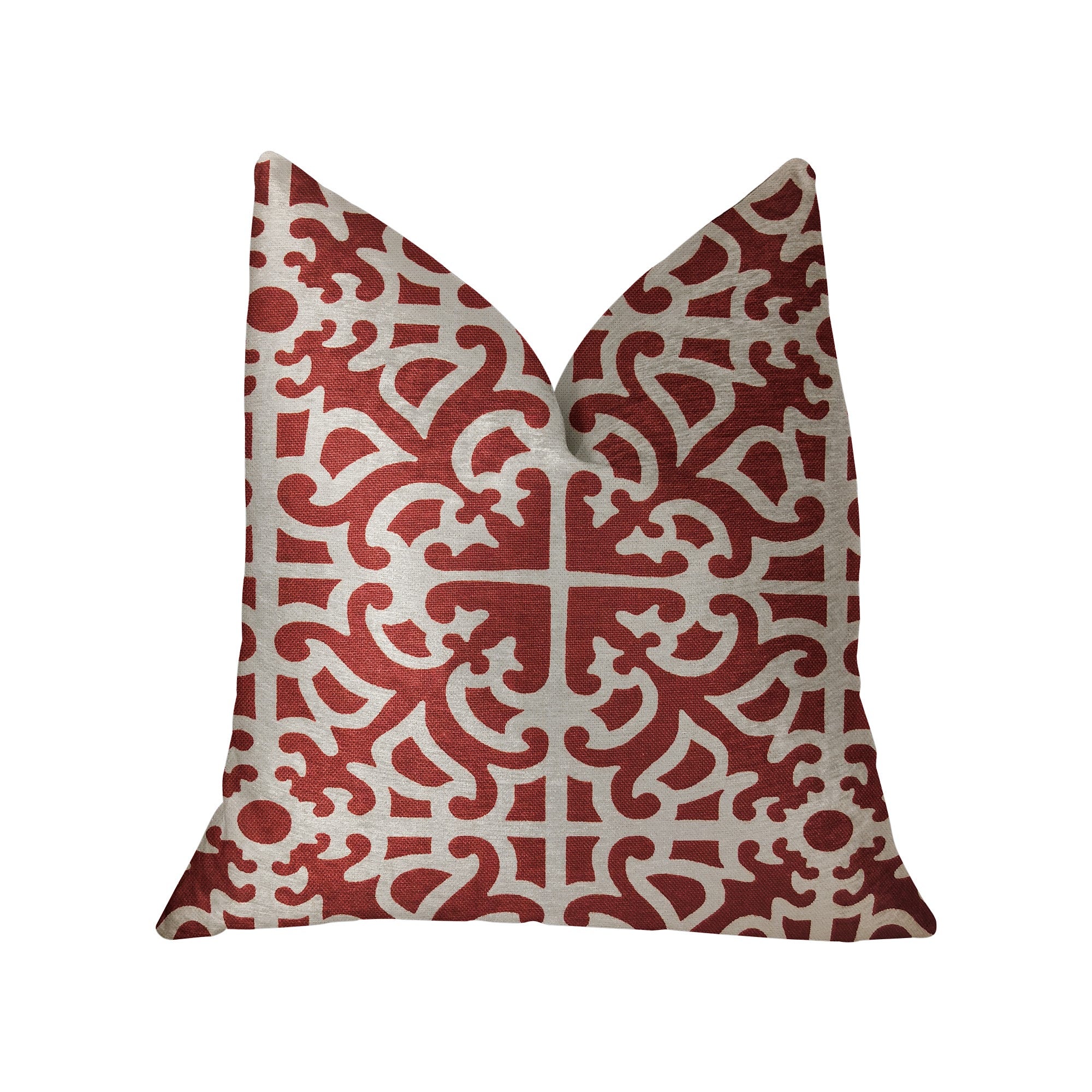 Red Romance luxury throw pillow featuring a geometric pattern in red and beige, handmade in the USA with an invisible zipper.