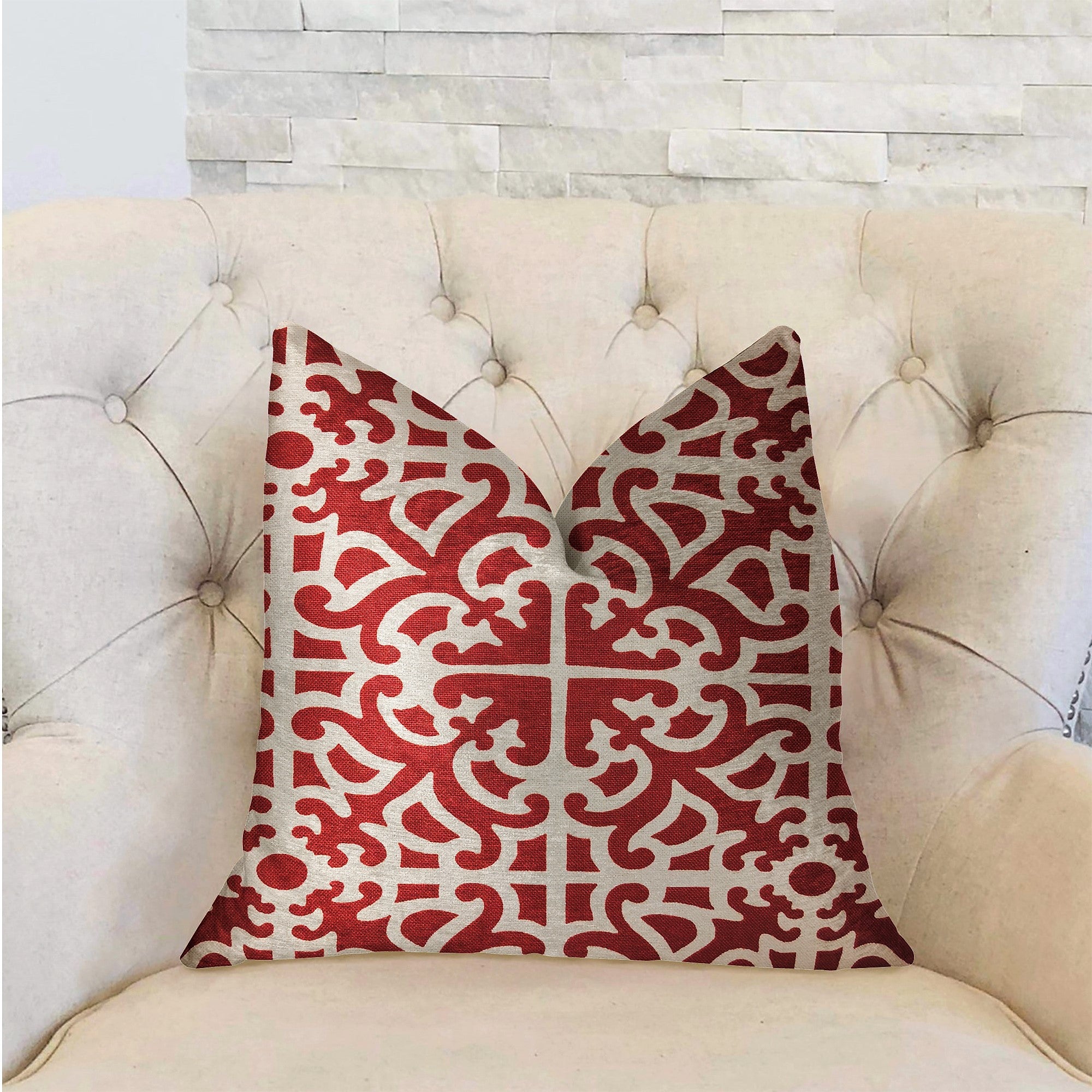 Red Romance luxury throw pillow featuring a geometric pattern in red and beige, handmade in the USA with an invisible zipper.