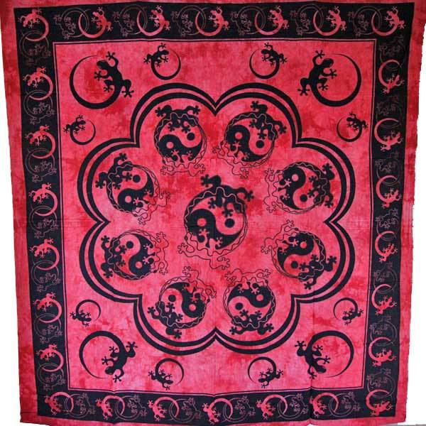 A vibrant red tapestry featuring a detailed salamander design intertwined with the yin-yang symbol, showcasing intricate patterns and textures.