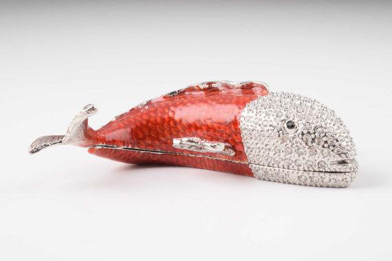 Handcrafted Red & Silver Fish trinket box adorned with Austrian crystals and 24K gold plating, showcasing intricate enamel work.