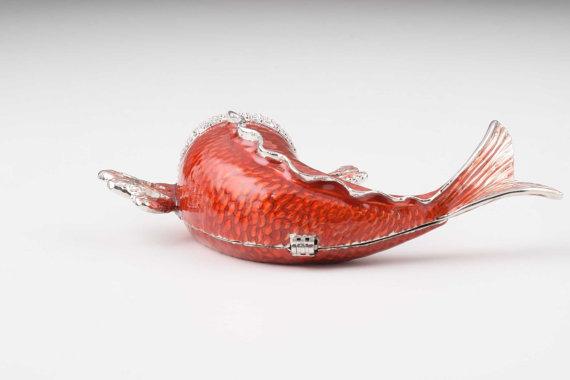 Handcrafted Red & Silver Fish trinket box adorned with Austrian crystals and 24K gold plating, showcasing intricate enamel work.