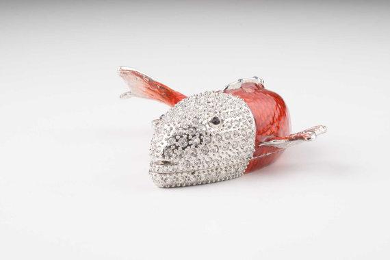 Handcrafted Red & Silver Fish trinket box adorned with Austrian crystals and 24K gold plating, showcasing intricate enamel work.