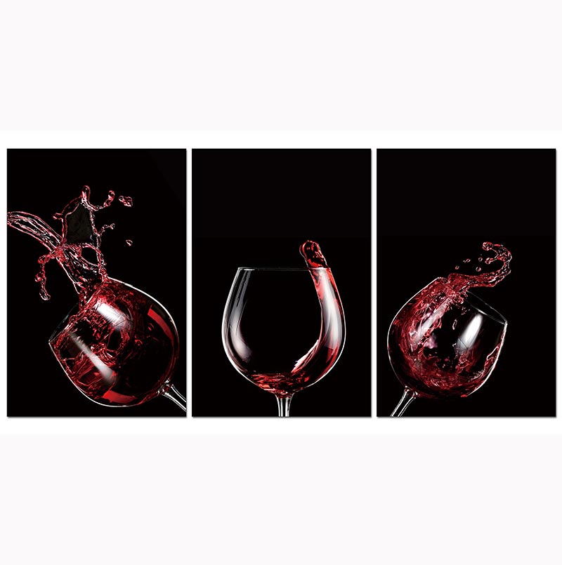 Three-panel abstract acrylic wall art featuring a red wine celebration theme, showcasing vibrant colors and a high-gloss finish.