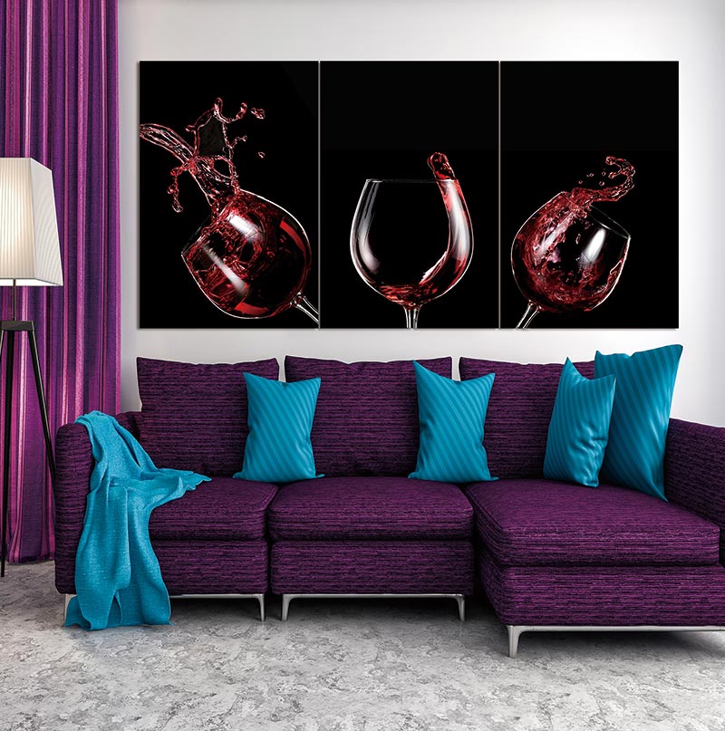 Three-panel abstract acrylic wall art featuring a red wine celebration theme, showcasing vibrant colors and a high-gloss finish.