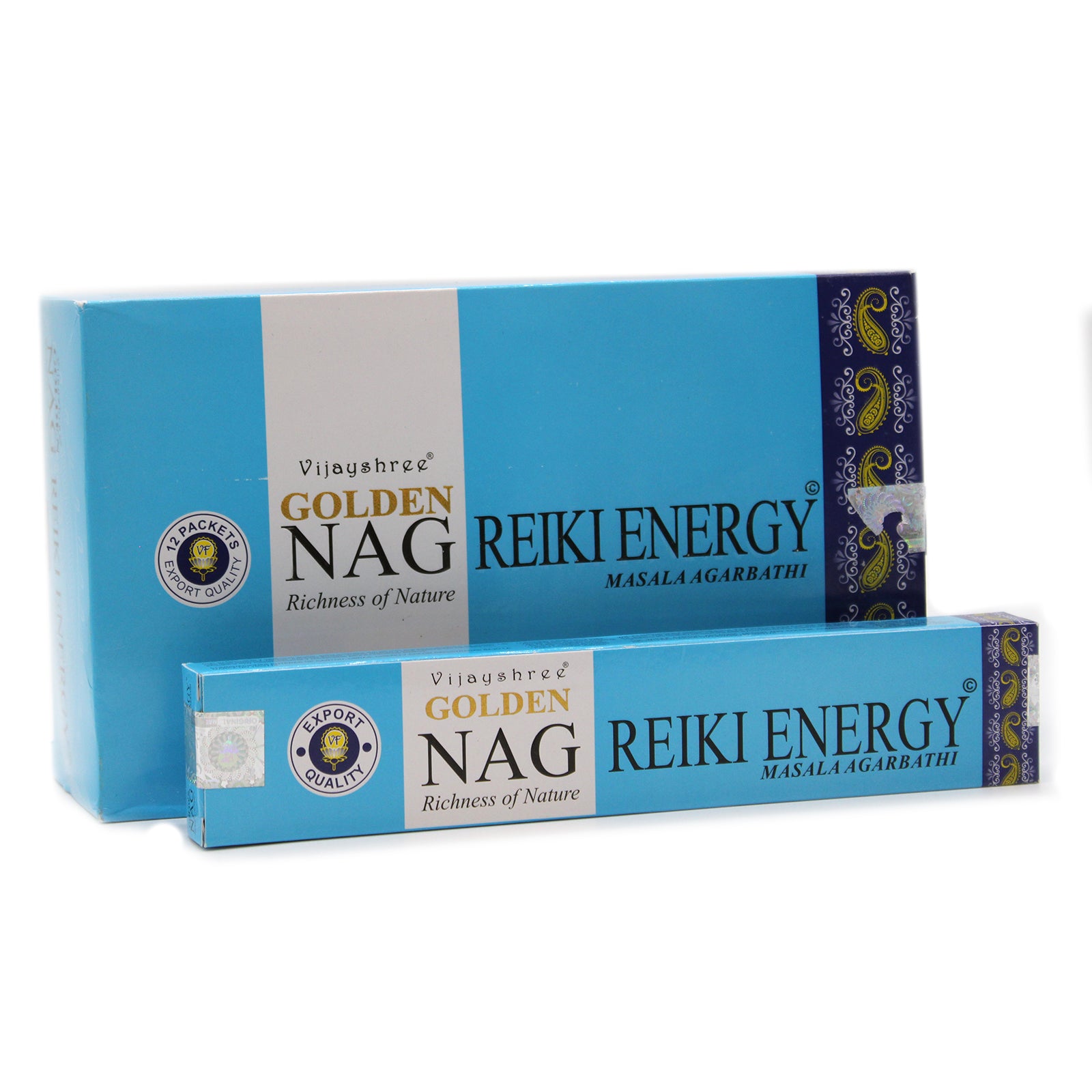 Reiki Golden Nag incense sticks in a decorative holder, showcasing their natural colors and textures.