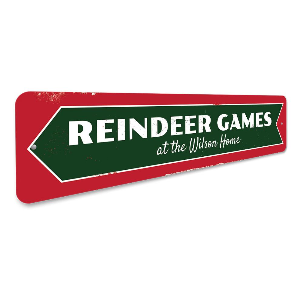 A festive Reindeer Games Sign made of high-quality aluminum, featuring a charming holiday design perfect for Christmas decorations.