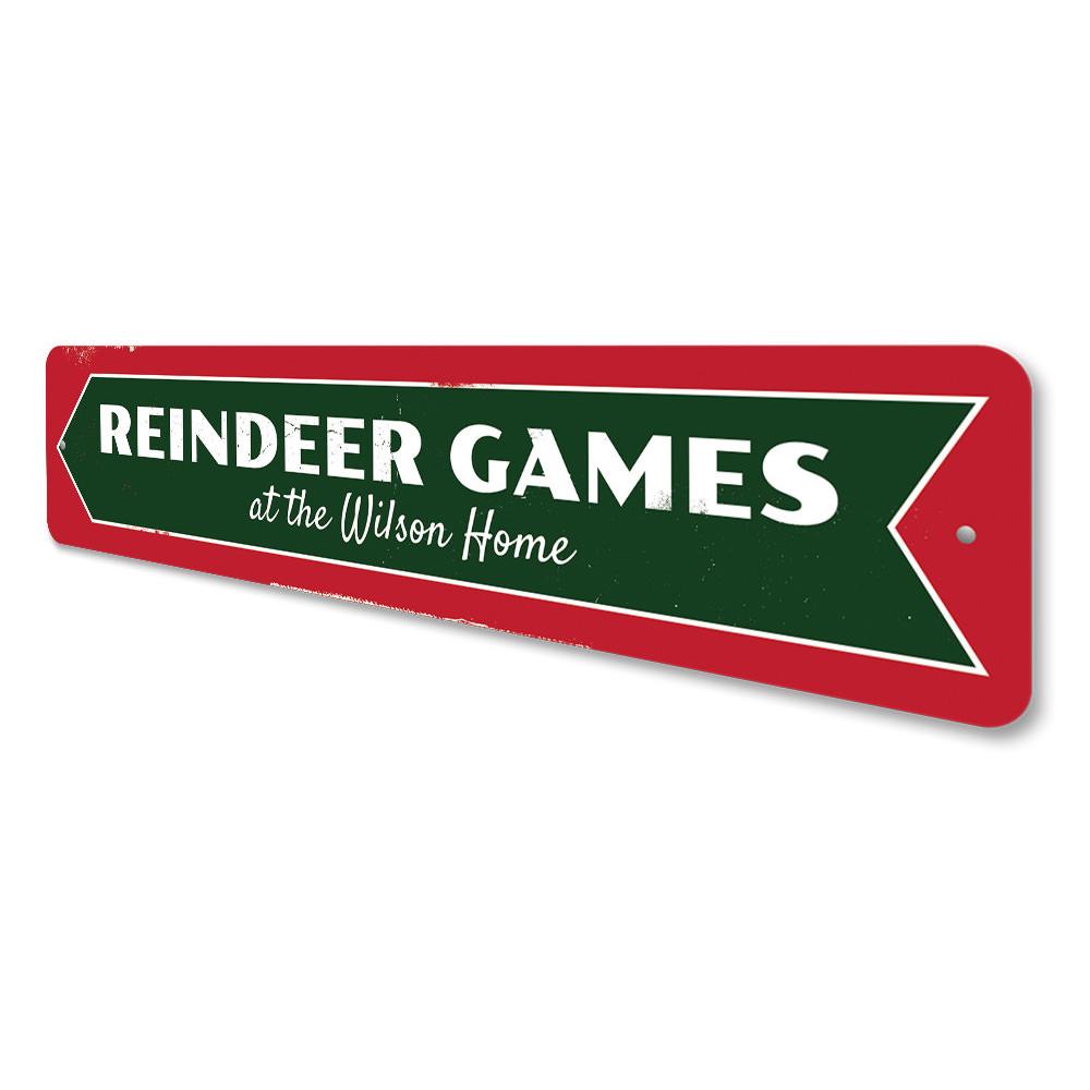 A festive Reindeer Games Sign made of high-quality aluminum, featuring a charming holiday design perfect for Christmas decorations.