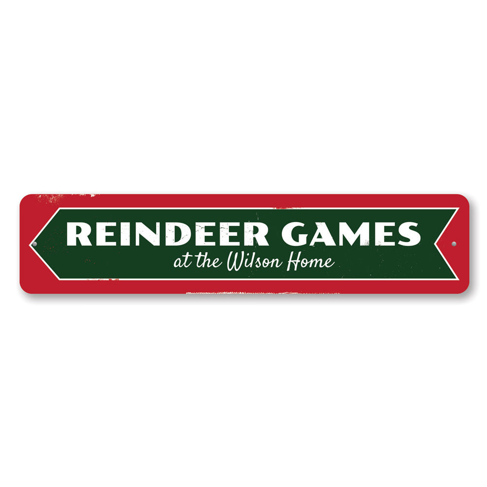 A festive Reindeer Games Sign made of high-quality aluminum, featuring a charming holiday design perfect for Christmas decorations.