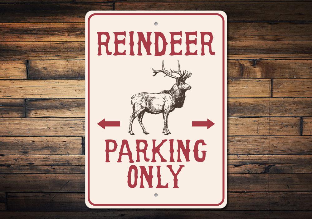 A festive Reindeer Parking Sign made of durable aluminum, featuring a whimsical design perfect for holiday decorations.