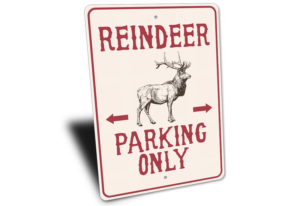 A festive Reindeer Parking Sign made of durable aluminum, featuring a whimsical design perfect for holiday decorations.