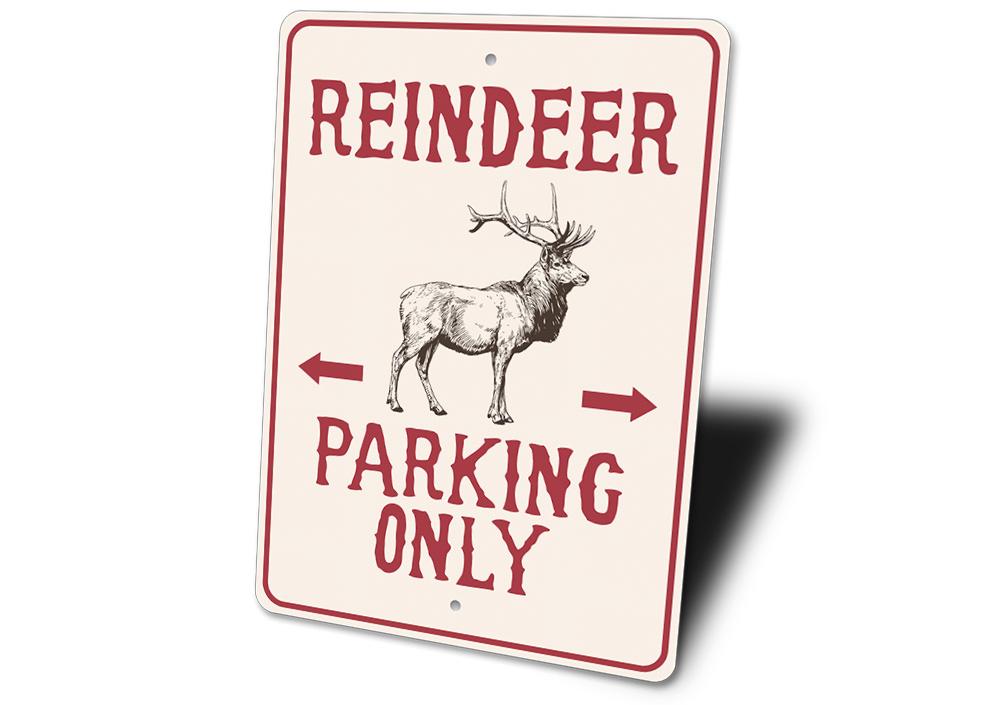 A festive Reindeer Parking Sign made of durable aluminum, featuring a whimsical design perfect for holiday decorations.