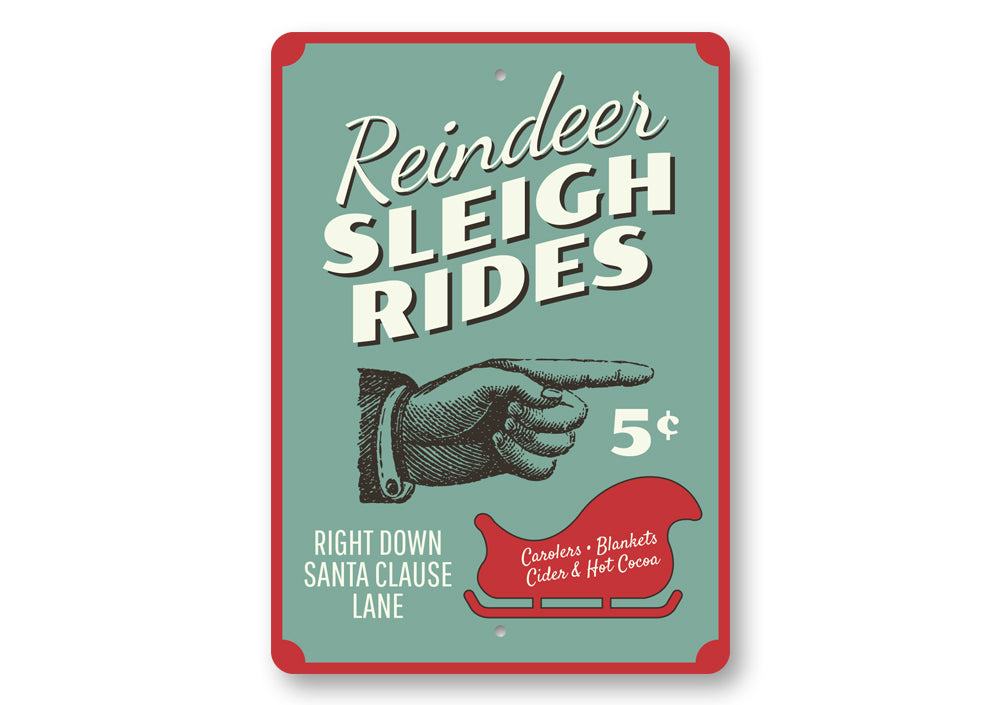 A festive Reindeer Sleigh Rides Sign made of high-quality aluminum, featuring a charming design perfect for Christmas decorations.