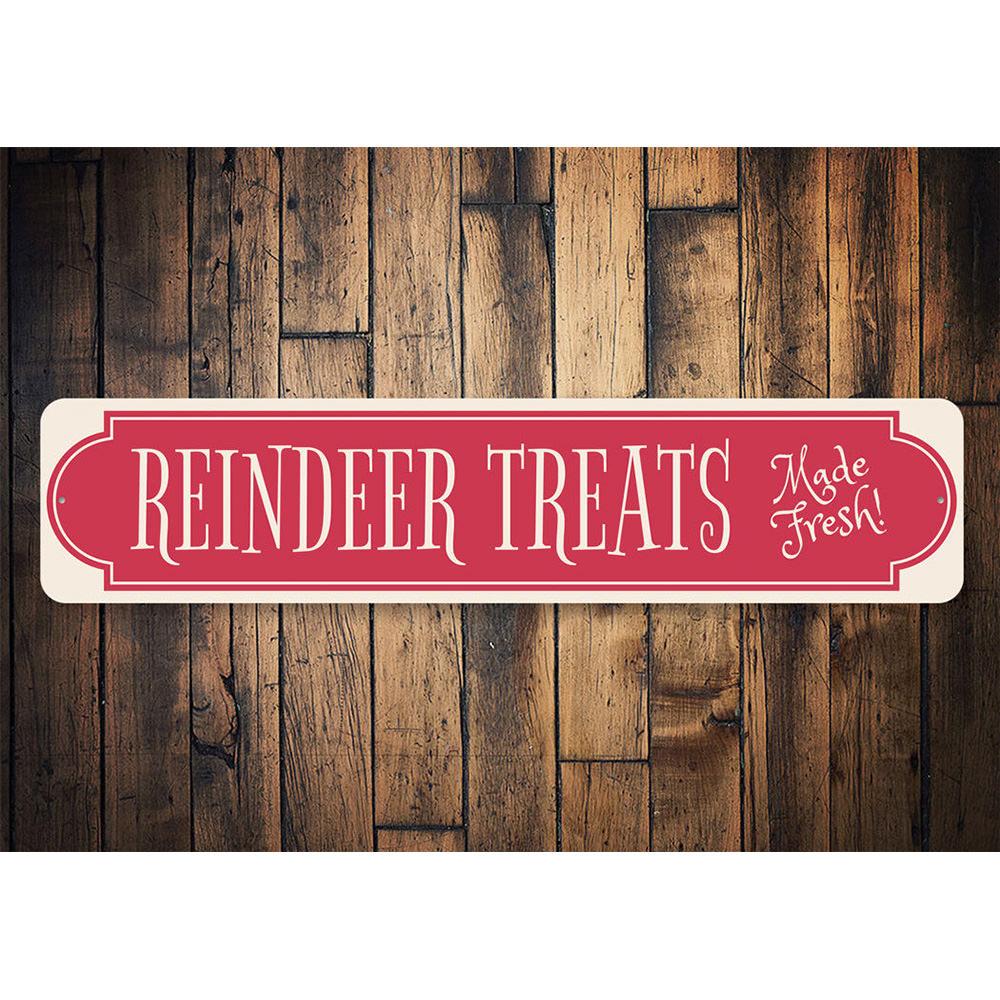 Reindeer Treats Christmas Sign featuring festive design and customizable text, made from high-quality aluminum.