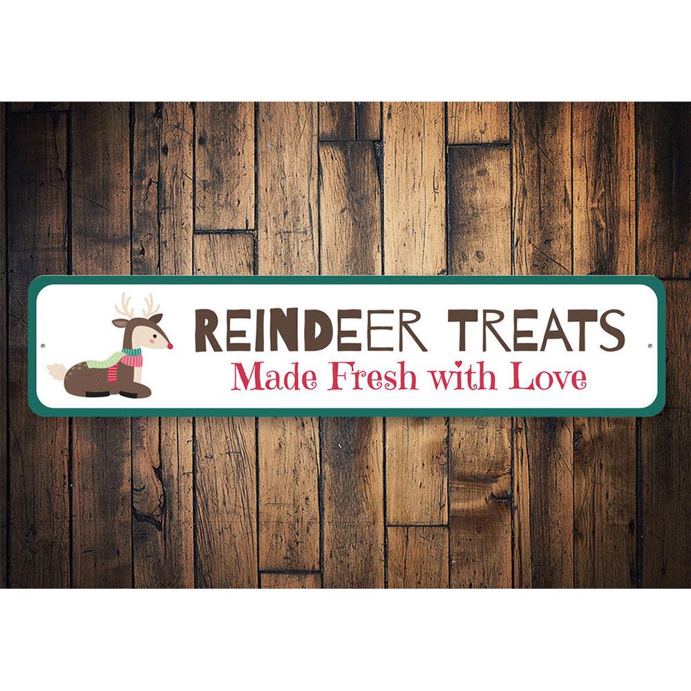 Reindeer Treats Holiday Sign featuring festive design, made of high-quality aluminum, perfect for Christmas decoration.