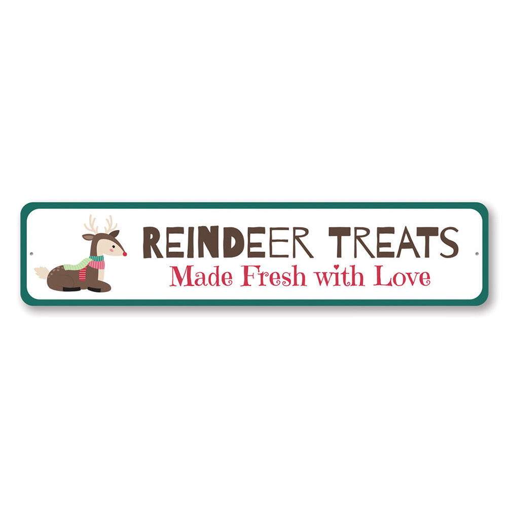 Reindeer Treats Holiday Sign featuring festive design, made of high-quality aluminum, perfect for Christmas decoration.