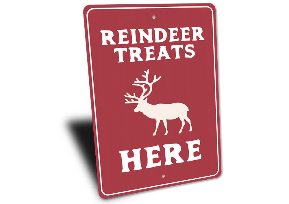 A festive Reindeer Treats Sign made of high-quality aluminum, featuring a charming design perfect for Christmas decorations.