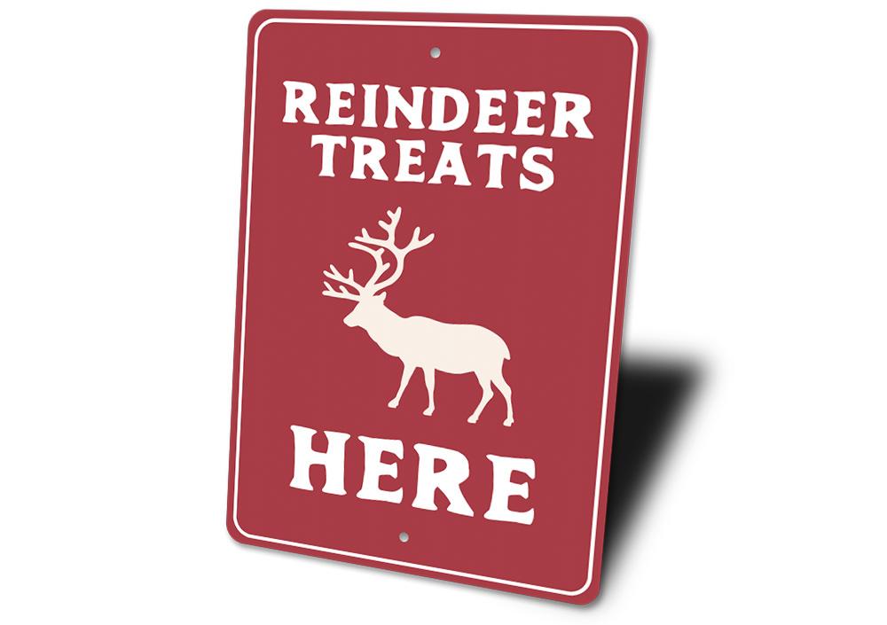 A festive Reindeer Treats Sign made of high-quality aluminum, featuring a charming design perfect for Christmas decorations.