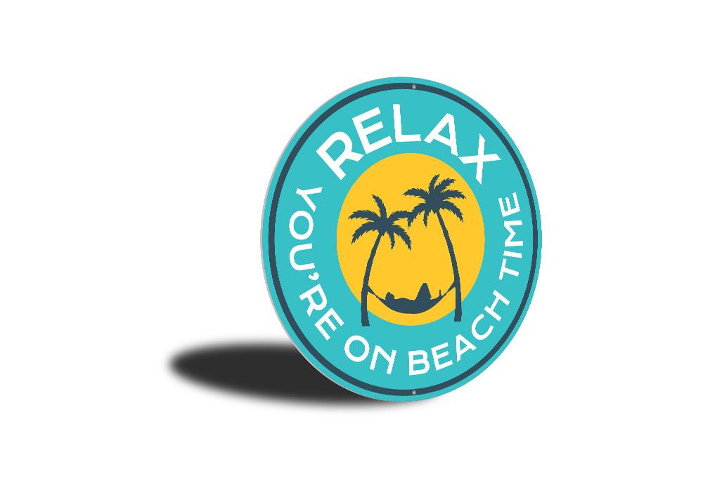 Relax On Beach Time Sign made of high-quality aluminum, featuring a beach-themed design perfect for coastal decor.