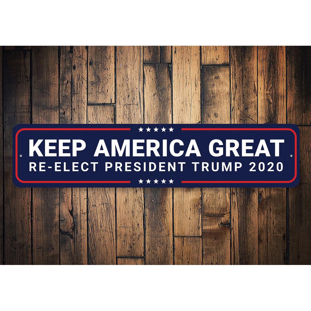 Re-Elect Trump 2020 sign made of durable aluminum, featuring patriotic colors and customizable text, ideal for outdoor and indoor display.