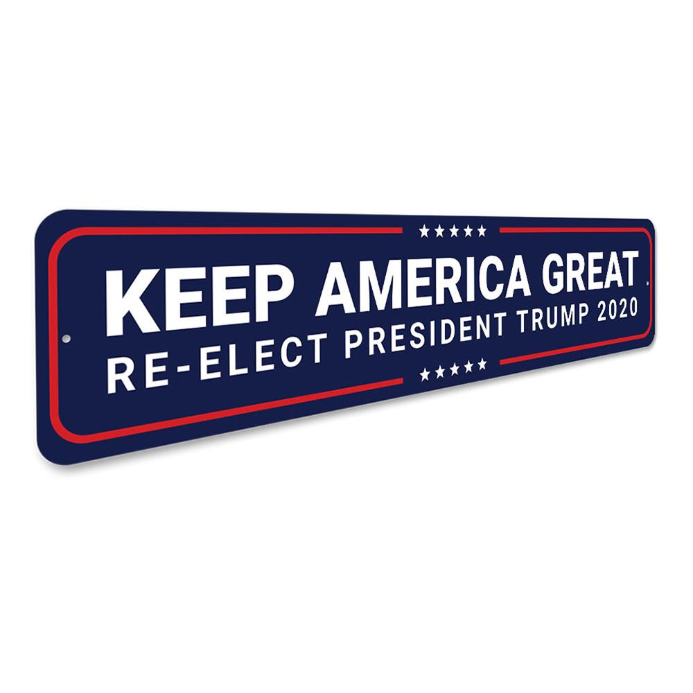 Re-Elect Trump 2020 sign made of durable aluminum, featuring patriotic colors and customizable text, ideal for outdoor and indoor display.