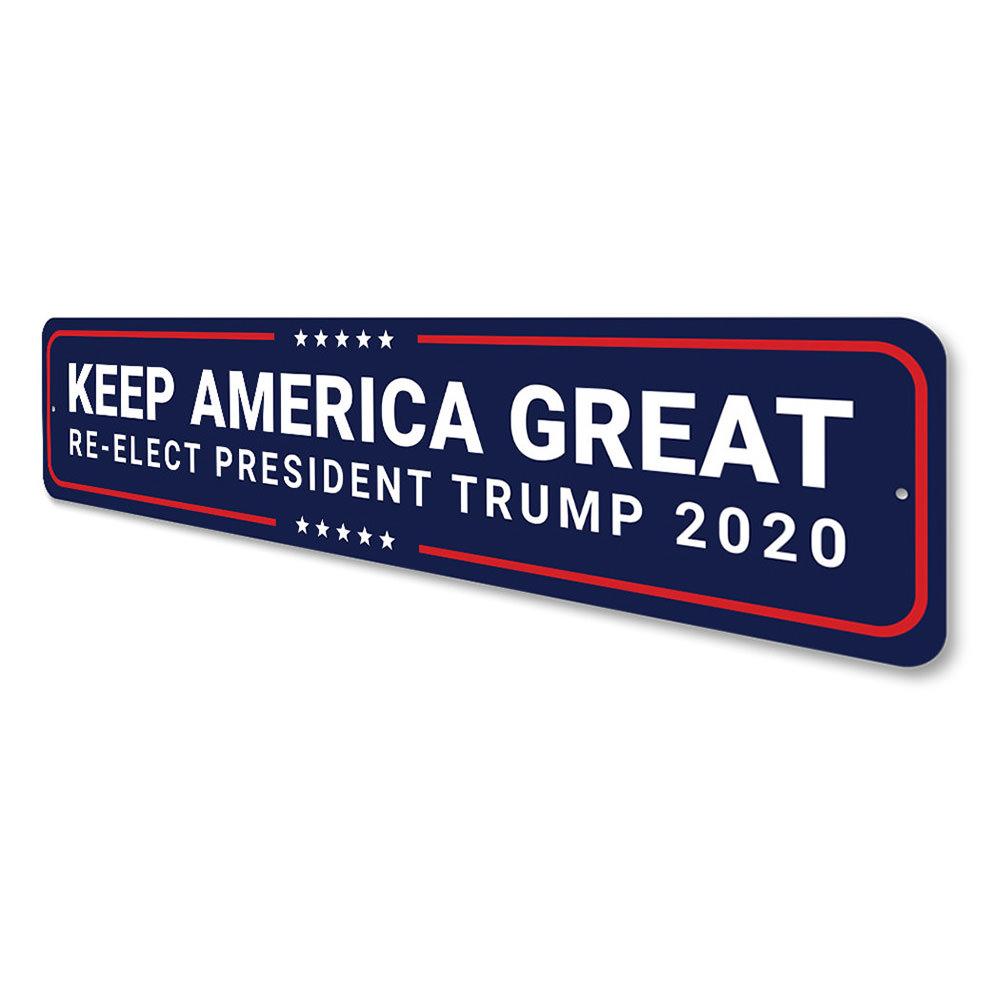 Re-Elect Trump 2020 sign made of durable aluminum, featuring patriotic colors and customizable text, ideal for outdoor and indoor display.