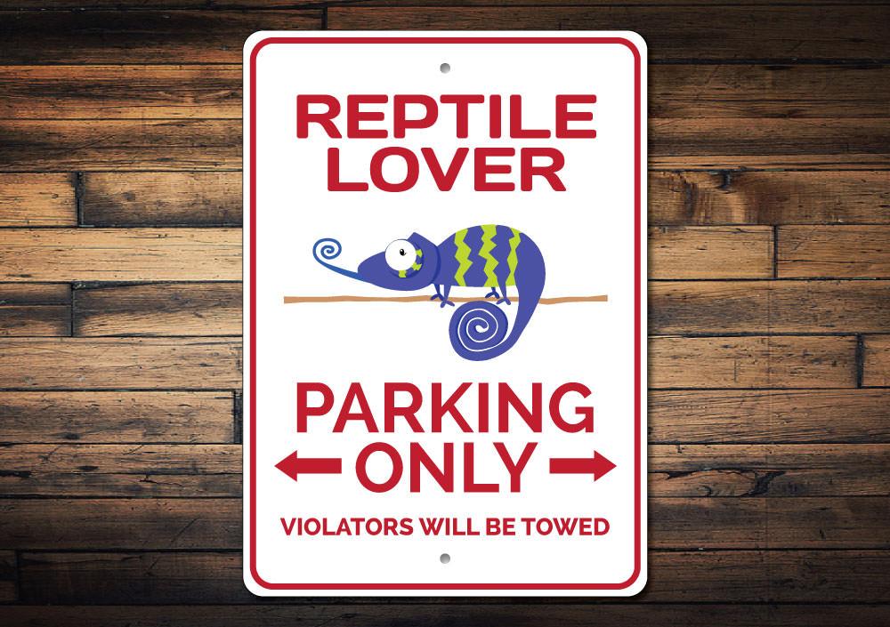 Reptile Lover Parking Sign made of high-quality aluminum, featuring vibrant colors and a unique reptile design, perfect for reserved parking spots.