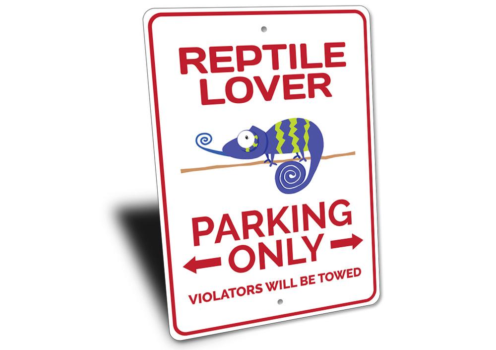 Reptile Lover Parking Sign made of high-quality aluminum, featuring vibrant colors and a unique reptile design, perfect for reserved parking spots.