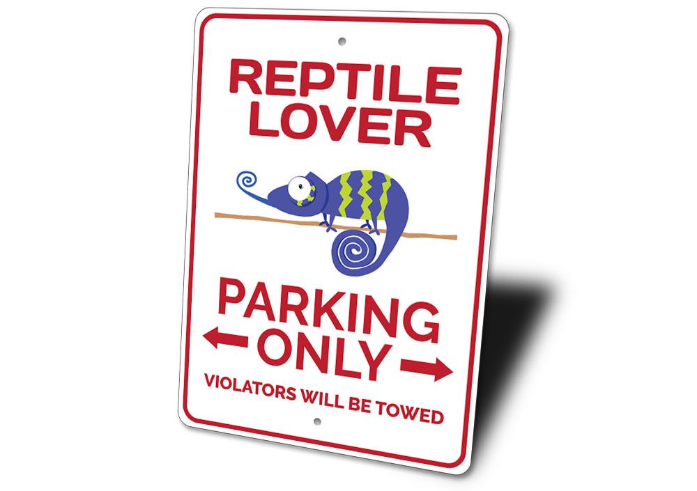 Reptile Lover Parking Sign made of high-quality aluminum, featuring vibrant colors and a unique reptile design, perfect for reserved parking spots.