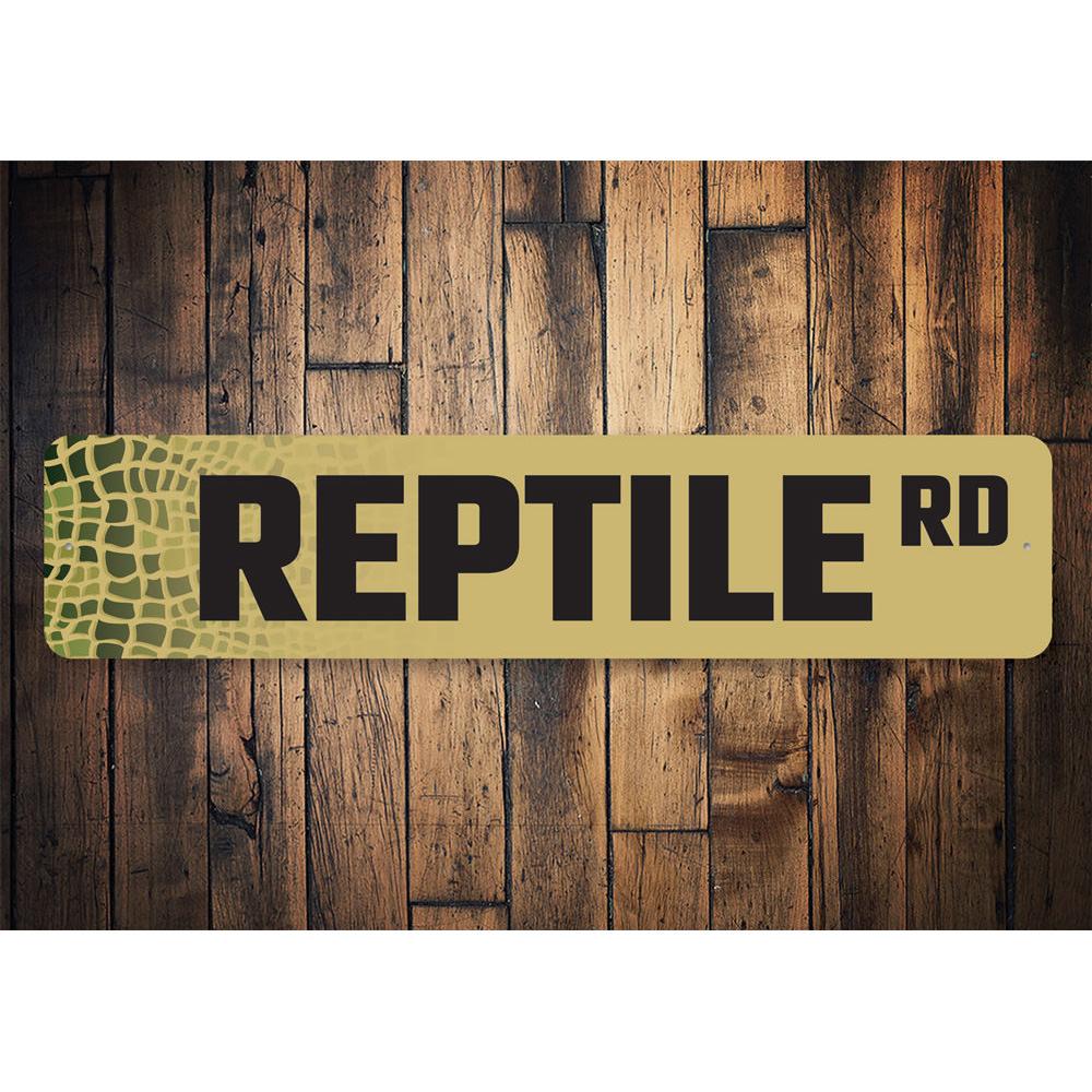 Custom Reptile Street Sign made from high-quality aluminum, featuring vibrant colors and a unique design, perfect for home decor.