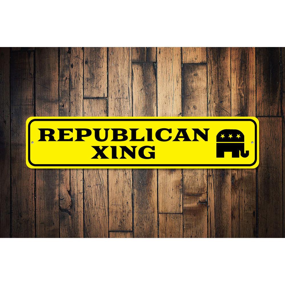 A decorative Republican Crossing Sign made of high-quality aluminum, featuring customizable text options, ideal for indoor and outdoor display.