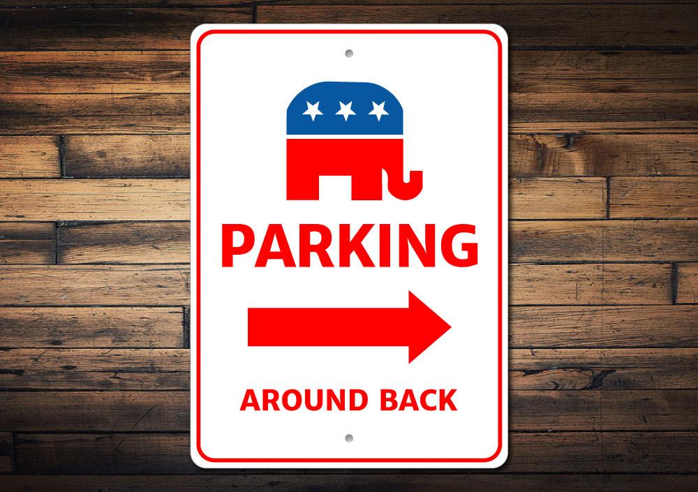 Republican Parking Sign made of durable aluminum, featuring customizable text and pre-drilled holes for easy mounting.