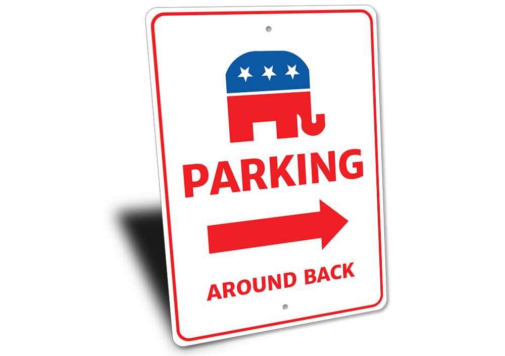 Republican Parking Sign made of durable aluminum, featuring customizable text and pre-drilled holes for easy mounting.