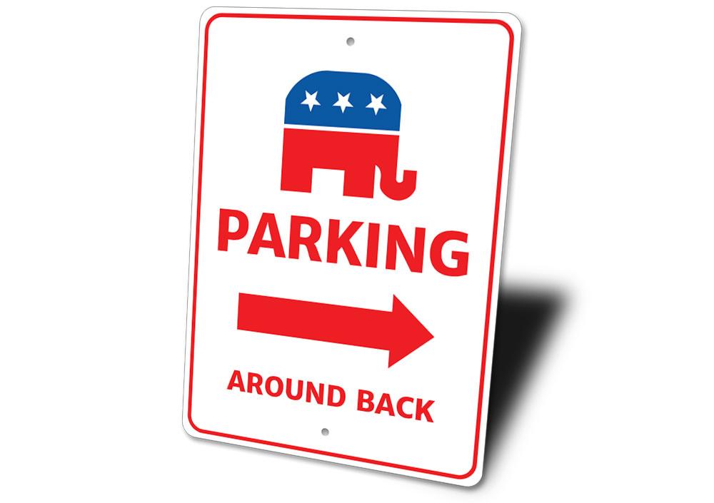 Republican Parking Sign made of durable aluminum, featuring customizable text and pre-drilled holes for easy mounting.