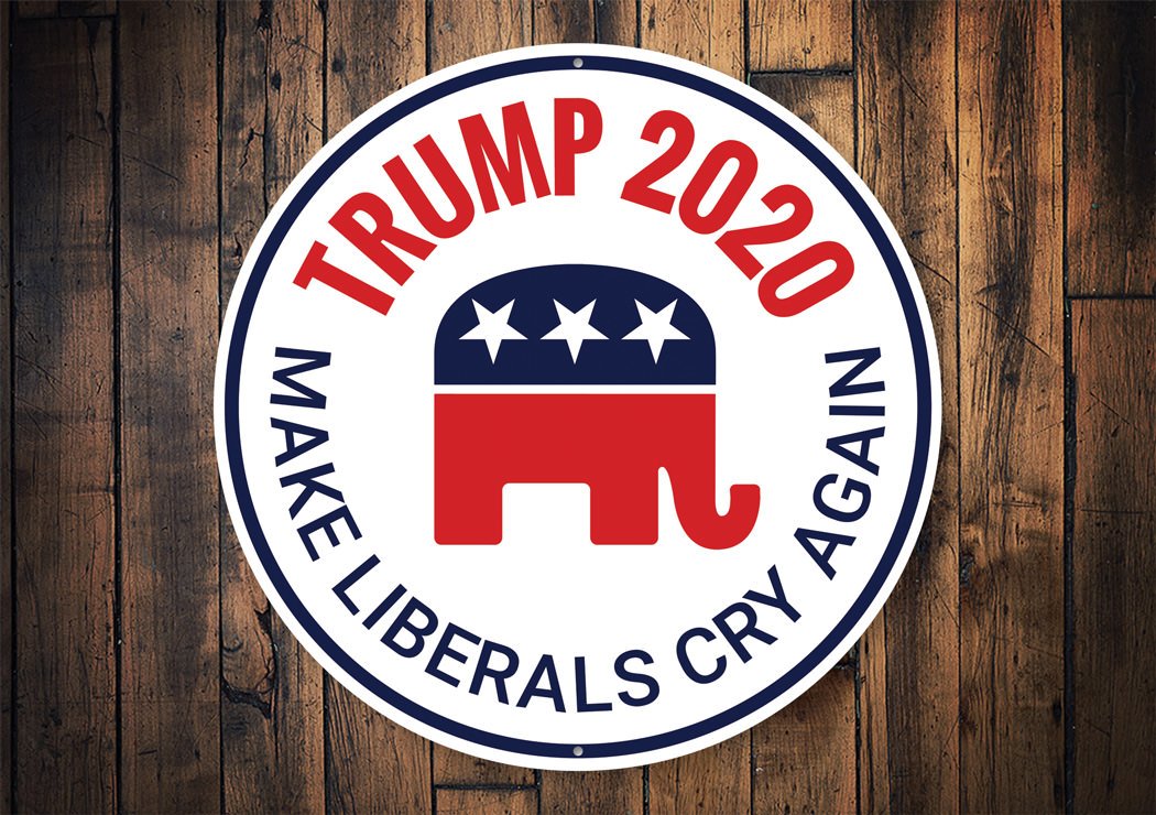 A decorative Republican Trump Sign made of high-quality aluminum, featuring bold colors and customizable text, perfect for showcasing political support.