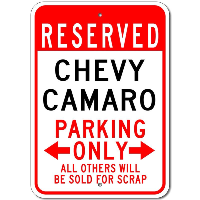 Reserved Chevy Camaro sign made from high-quality aluminum, featuring customizable text and pre-drilled holes for easy mounting.