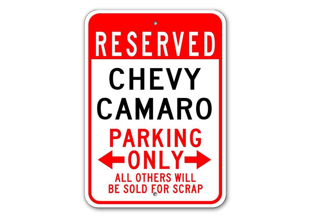 Reserved Chevy Camaro sign made from high-quality aluminum, featuring customizable text and pre-drilled holes for easy mounting.