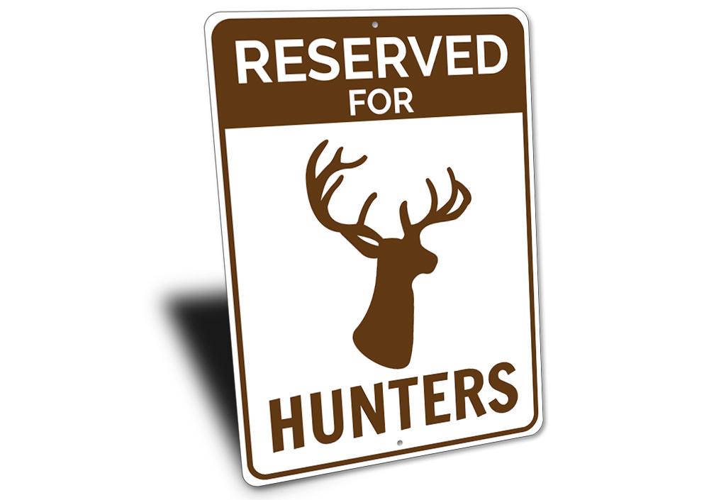 Reserved Hunter Parking Sign made of durable aluminum, featuring customizable text and pre-drilled holes for easy mounting, ideal for lakehouses.