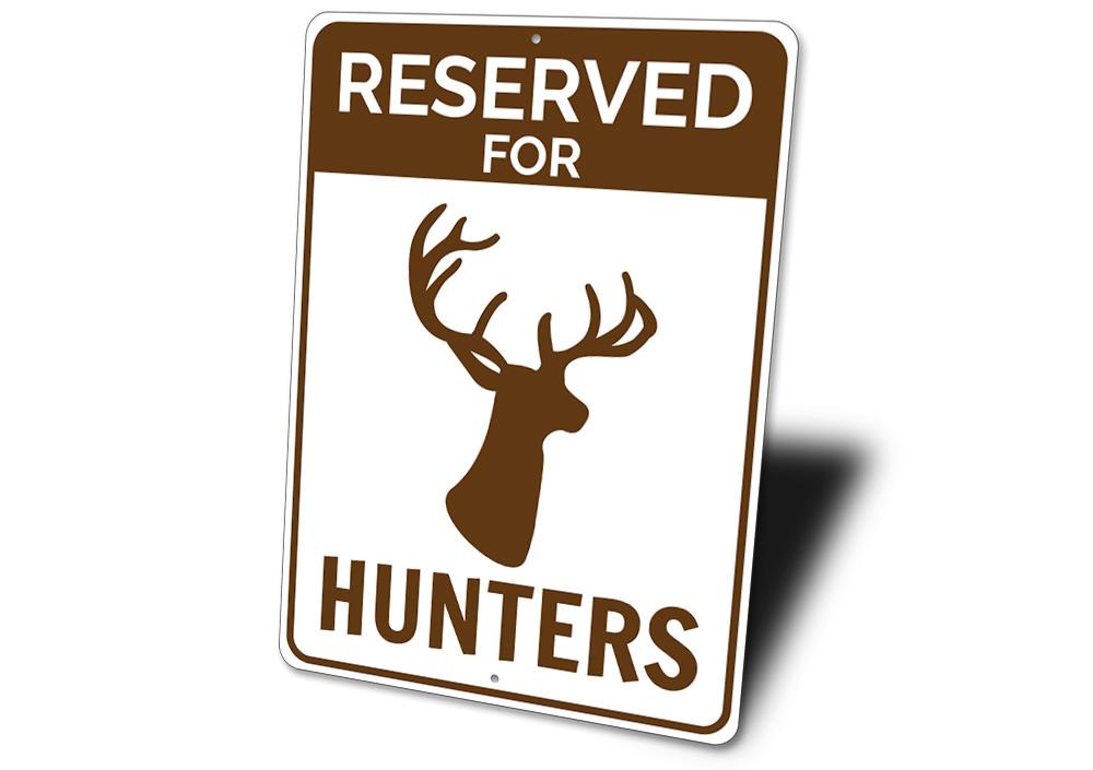 Reserved Hunter Parking Sign made of durable aluminum, featuring customizable text and pre-drilled holes for easy mounting, ideal for lakehouses.