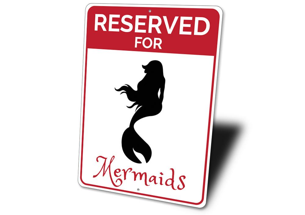 Reserved Mermaids Parking Sign made of durable aluminum with a whimsical mermaid design, featuring pre-drilled holes for easy mounting.