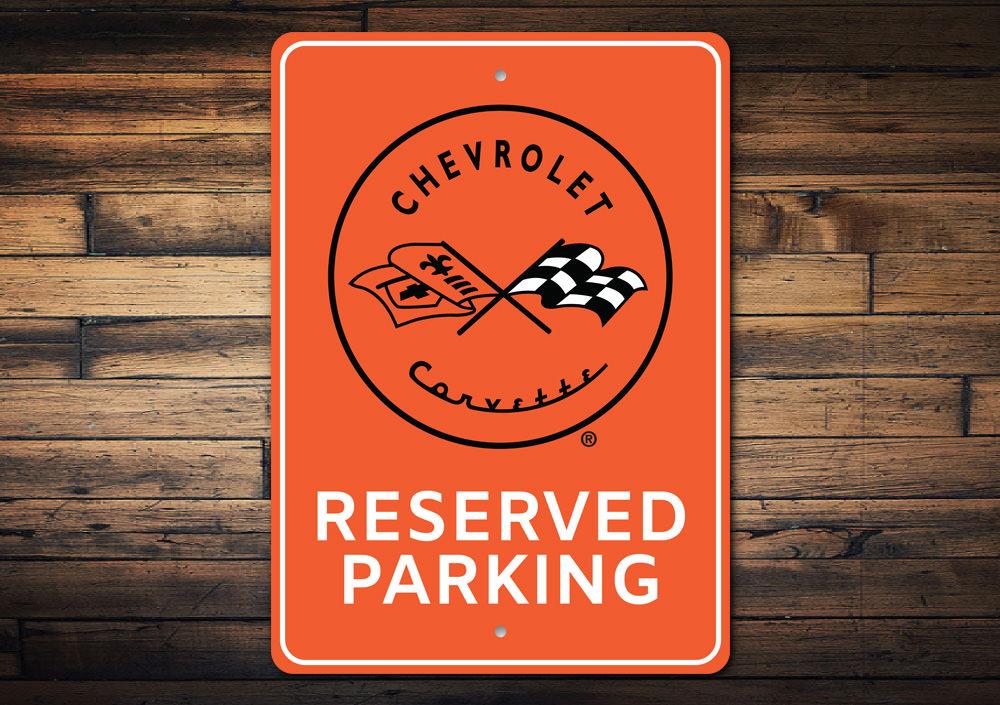 Reserved Parking Chevy Corvette Sign made of durable aluminum, featuring vibrant colors and customizable text for car enthusiasts.