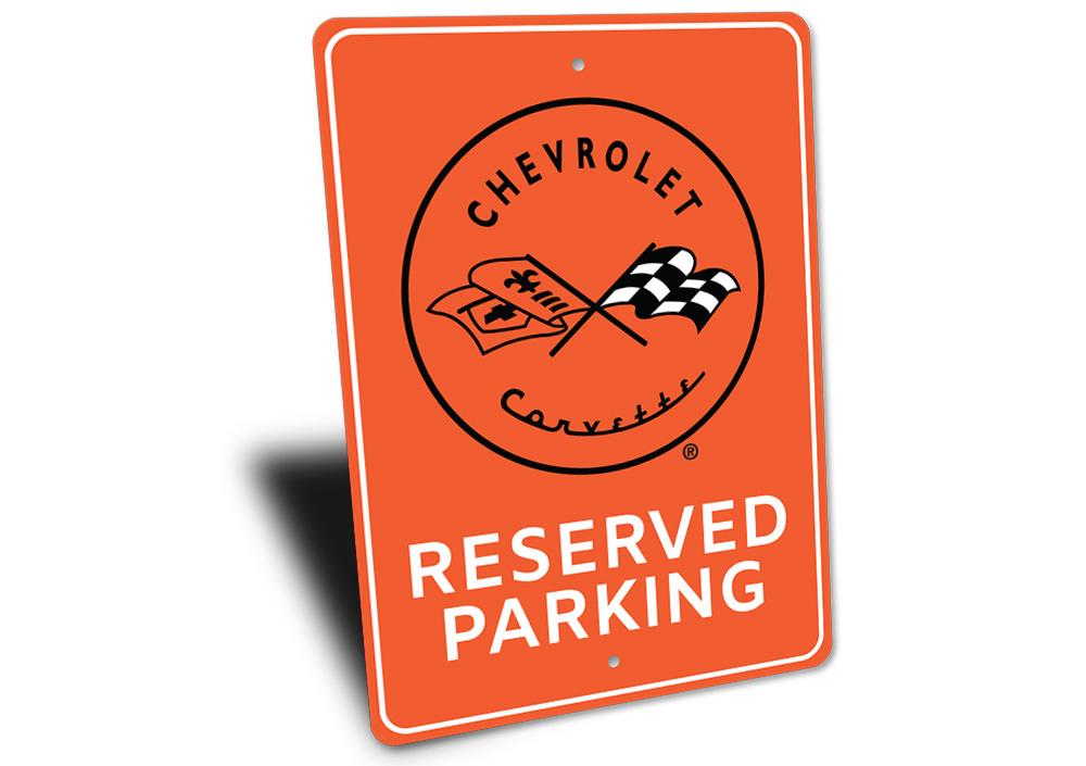 Reserved Parking Chevy Corvette Sign made of durable aluminum, featuring vibrant colors and customizable text for car enthusiasts.