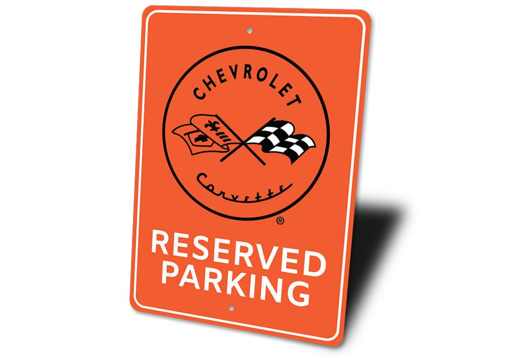 Reserved Parking Chevy Corvette Sign made of durable aluminum, featuring vibrant colors and customizable text for car enthusiasts.