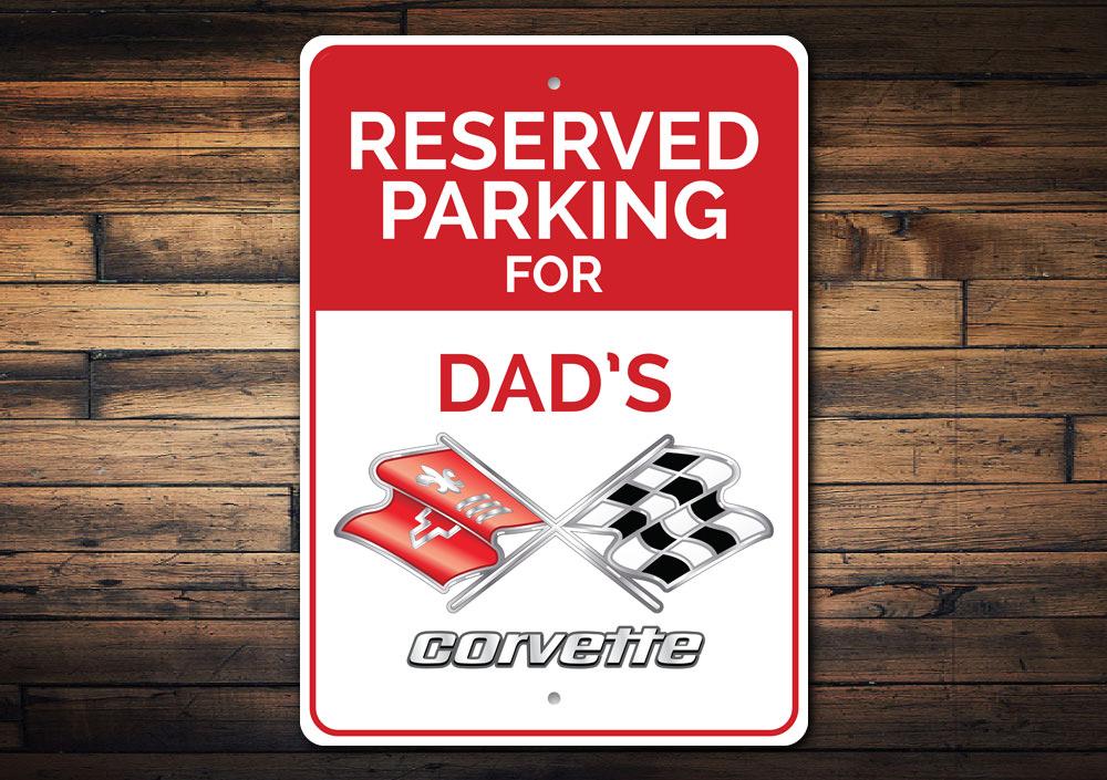 Reserved Parking sign featuring a Chevy Corvette design, made of durable aluminum with pre-drilled holes for easy mounting.